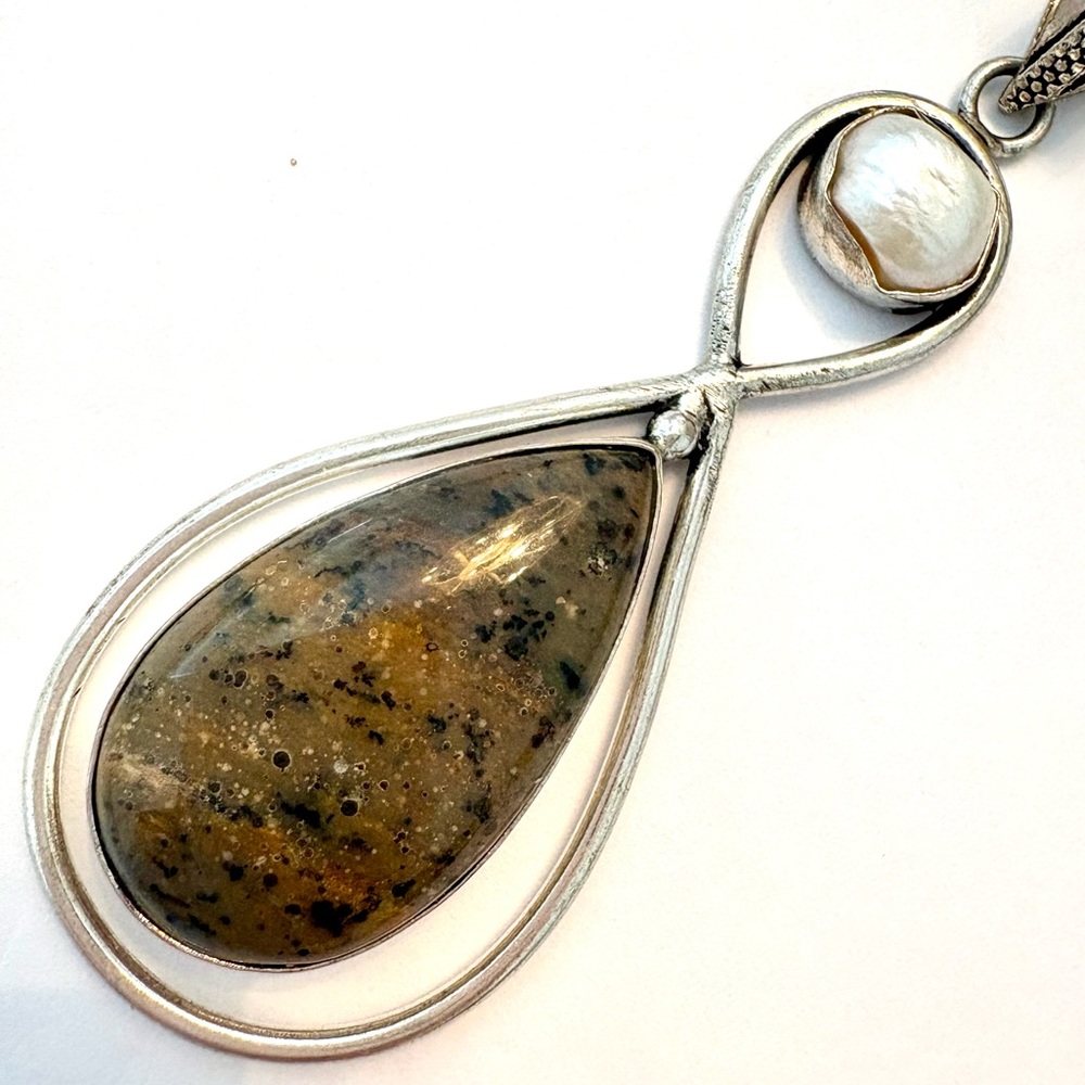 3 inch, 925 marked, Honey Dendrite Opal and Biwa Pearl on a silver chain.